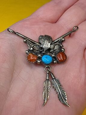 Vintage Navajo Dual Loop Sterling Pendant ▪ Silver Eagle w/Turquoise & Red Coral